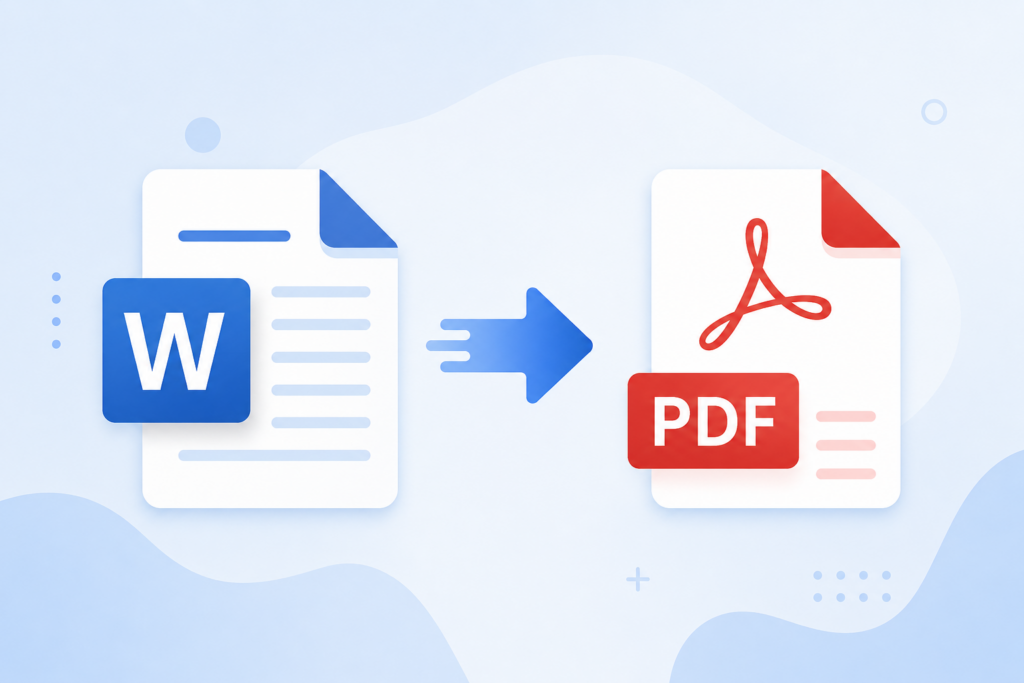 save a Word document icon converting into a PDF file icon, illustrating how to save a Word file as PDF