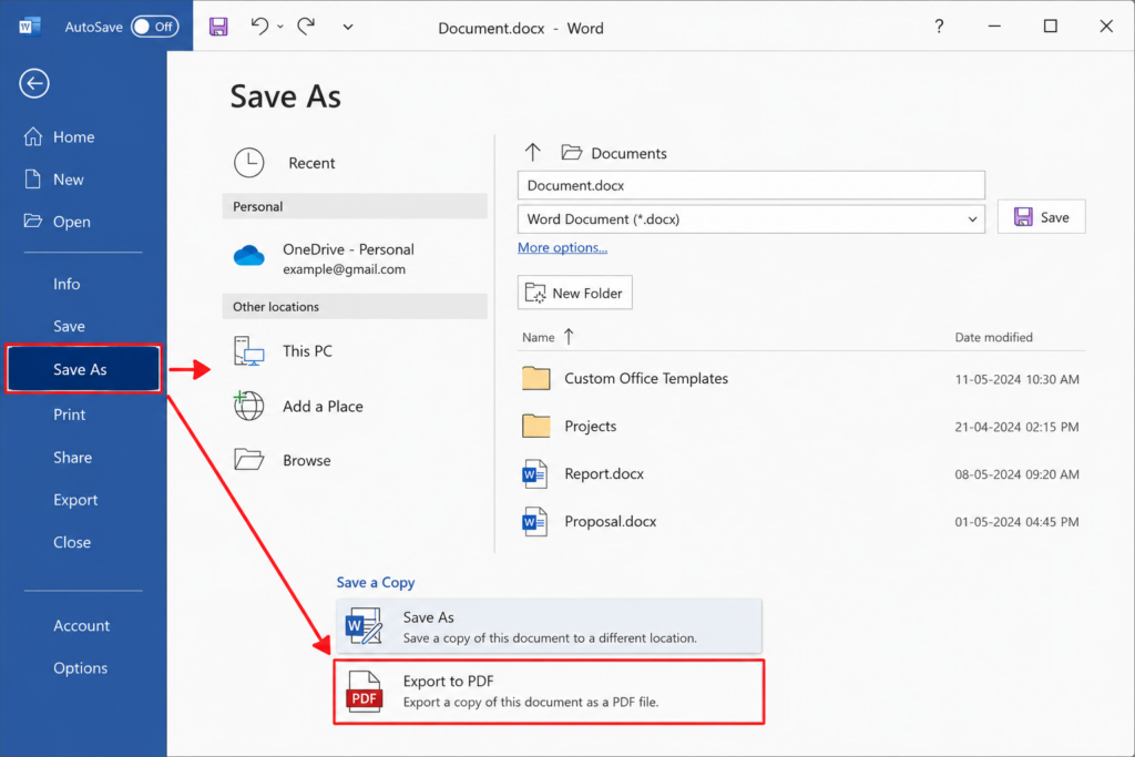 Microsoft Word File menu showing Save As and Export to PDF options highlighted