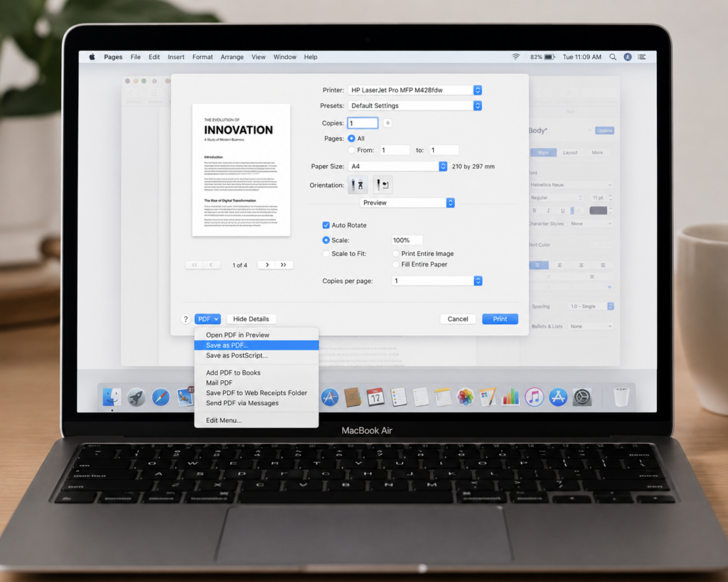 macOS print dialog box with the Save as PDF option selected from the PDF dropdown menu