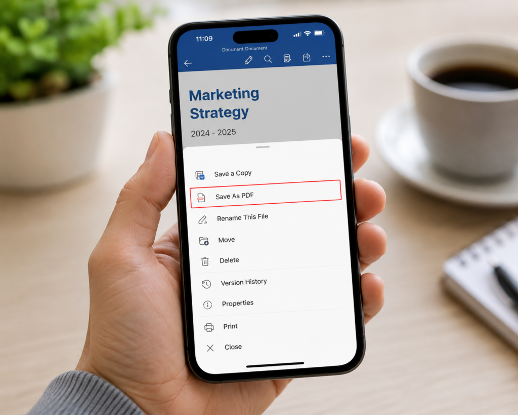 Word mobile app menu on a smartphone showing the Save As PDF export option